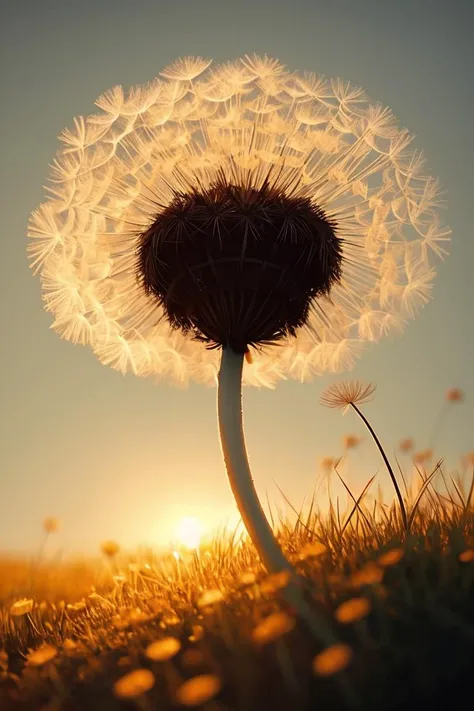 art by Daniela Uhlig Dandelion Fluff: Witness the delicate transformation of a dandelion, as its seeds prepare to travel on the wind, creating a dreamy atmosphere. (close-up, natural, ethereal tones)