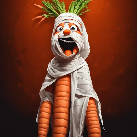 In a ((cartoon)) artwork, a ((carrot)) stands transformed into a haunting mummy with the white traditional wrappings.Textured, tattered bandages.The (carrot's) presence exudes a sinister charm, a testament to the artistry of (cartoon) mummification. vivid color,<lora:Menace_of_the_Mummy:0.65>