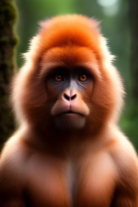 a professional shot of Golden Snub-nosed Monkey (Rhinopithecus roxellana) - This monkey is endemic to central and southwestern China, living at high altitudes in temperate forest habitats. Males have striking golden-orange fur on their backs, while females and young males are brown or grayish-brown. Both sexes have blue faces with pink patches around the eyes and nose. in natural habbitat , detailed feathers, good proportions, masterpiece, ultrasharp, ultraclear, deatiled shadows photorealistic, PA7_Photo, raw photo, dynamic angle, dynamic pose , best quality, 8k wallpaper , <lora:Bl00m1ngF41ry-000009:0.77> DonMBl00mingF41ryXL , donmbl00mingf41ryxl