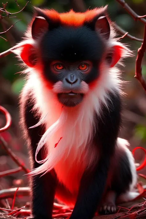 a professional shot of White-headed Langur (Trachypithecus poliocephalus) - Native to Guangxi Zhuang Autonomous Region in southern China, these primates have glossy black fur with distinct white heads. They primarily feed on leaves and inhabit evergreen broadleaf forests. in natural habbitat , detailed feathers, good proportions, masterpiece, ultrasharp, ultraclear, deatiled shadows photorealistic, PA7_Photo, raw photo, dynamic angle, dynamic pose , best quality, 8k wallpaper , <lora:CarnageStyle:0.76> CarnageStyle, (blood_red:1.5), carnagestyle