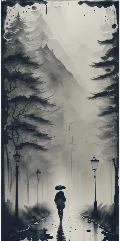 ((black background)), textured, (ink art, ink illustration, ink, rough:1.4), person walking down quiet rural road at night in heavy rain, (lonely streetlamp), (moody, sad, thoughtful), rain, night, (distorted by rainfall, rain lines), flowing lines, swirling ink, reflection, highly detailed background, pine trees, ((abstract)) <lora:more_details:0.5>, <lora:inkplace:0.9>
