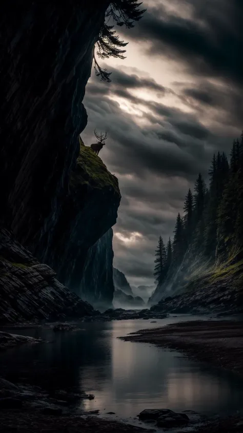 a profestional picutre of Dark Cliff with a Huge Deer Whose Antlers Glow: Perched precariously atop a craggy cliffside, a majestic stag gazes out over the forest, its antlers aglow with an ethereal light. Legend has it that this celestial creature grants wishes to those pure of heart who manage to approach it undetected. However, the path to the cliff is fraught with danger, testing the resolve and courage of even the most seasoned adventurer. ,wide angle, landscape , photorealism,unreal 5 daz, extremely detailed ,((ultrasharp)),((masterpiece)),((best quality)),((ultradetailed)),((intricated details)), extremaly detailed background, <lora:add_detail:0.7> ultra realistic,32k,RAW photo, 8k ,dslr,soft lighting,high quality,film grain, beautiful and aesthetic,extremely detailed, natural shadows, <hypernet:sxzBloom_sxzBloom:0.7> <lora:hyperdetailer_v095:0.74> <lora:LowRA:0.68> dark theme PA7_Photo