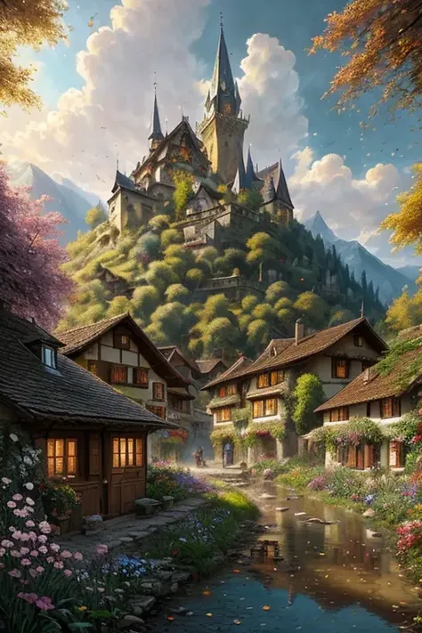 sharp details, a medieval village in switzerland, mess jungle in background, ornate, beautiful, atmosphere, vibe, flowers, concept art illustration, greg rutowski, volumetric lighting, sunbeams, particles, colorful clothes, by Jean-Baptiste Monge, Gilles Beloeil, Tyler Edlin, Marek Okon, Pixar, album art, comic style, golden ratio, perfect composition, a masterpiece, trending on artstation, oversaturated, epic realistic, hdr, intricate details, rutkowski, intricate, cinematic, detailed