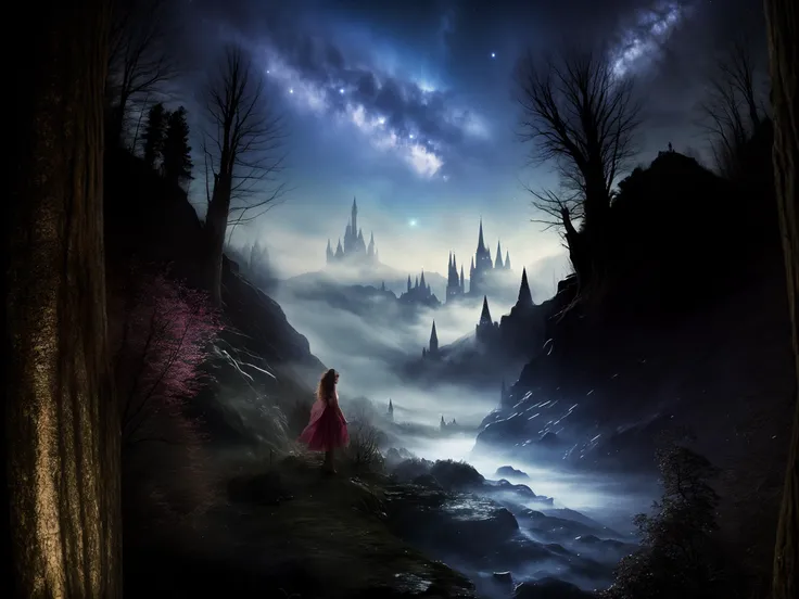 fairy tale setting.
fantasy,
magical.
very dark, late at night, galaxy sky.