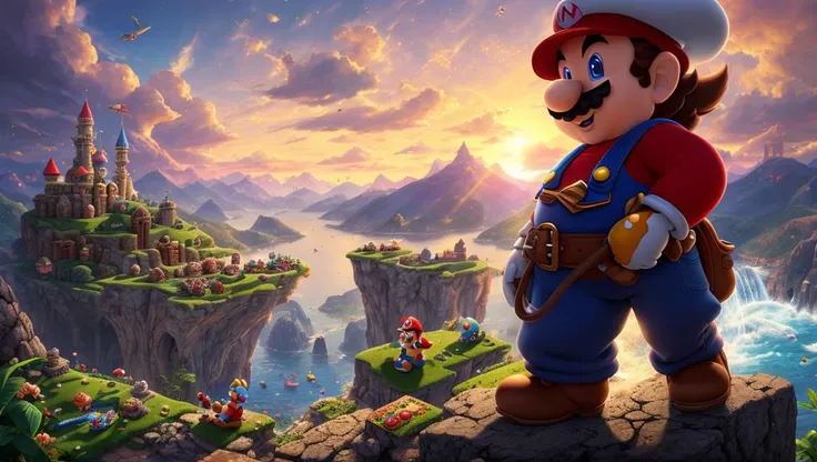Super Mario style realistic, cinematic, extremely detailed, hyperdetailed, masterpiece . Vibrant, cute, cartoony, fantasy, playful, reminiscent of Super Mario series