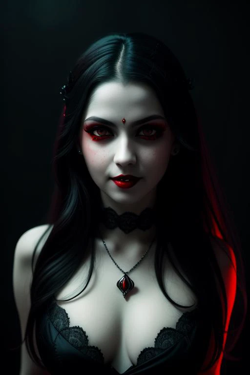 sexy Vampire Queen, smile, blood, big red eyes, reimagined by TanvirTamim, backlit, intricate details, highly detailed, slate atmosphere, cinematic, film grainy, lut, spooky