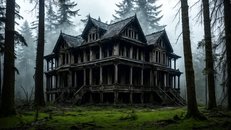 masterpiece, best quality, (ultra-detailed:1.2), (photorealistic:1.2), ultra quality, abandoned building in the middle of a dark and eerie forest, with glimpses of light, breaking through the trees, intricate details, captured the destructive beauty of nature, (Horror), dark, creepy, bloody, scary, epic realistic, ultrarealistic