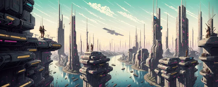 A photo of a detailed, hyper-colored digital illustrations featuring a vibrant blend of sci-fi elements and fantasy themes. High-quality image showcasing a chaotic, dystopian cityscape in the background, teeming with cyberpunk
machinery. In the foreground, a whimsical group of intricately-drawn, anthropomorphized animals, bearing human-like expressions, dressed in retro-futuristic attire. The picture is reminiscent of the striking artistry styles of Moebius and Enki Bilal, gelbooru tags include cyberpunk, cityscape, animals, highres, sci-fi and dystopian.