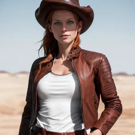 full body photo of skinny muscular female redhead, (wearing open leather jacket:1.5), (ripped short white top:1.4), (black miniskirt), sitting on tree, desert night, full moon, full body in picture, (big breasts), cowboyhat
extremely high quality RAW photograph, detailed background, intricate, Exquisite details and textures, highly detailed, ultra detailed photograph, warm lighting, artstation, 4k, sharp focus, high resolution, detailed skin, detailed eyes, 8k uhd, dslr, high quality, film grain,