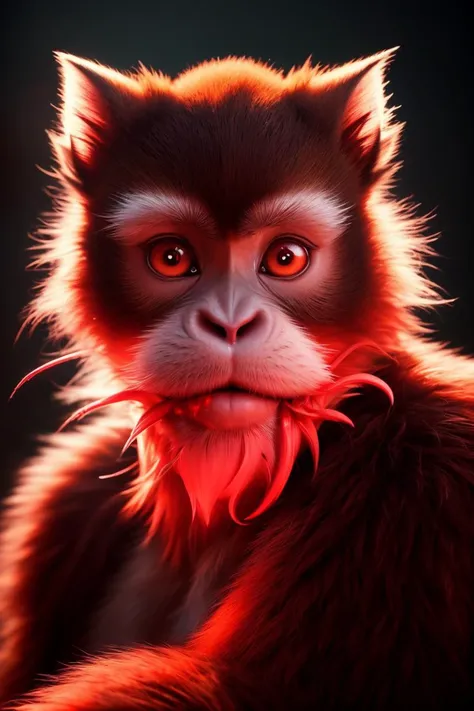 a professional shot of Golden Snub-nosed Monkey (Rhinopithecus roxellana) - This monkey is endemic to central and southwestern China, living at high altitudes in temperate forest habitats. Males have striking golden-orange fur on their backs, while females and young males are brown or grayish-brown. Both sexes have blue faces with pink patches around the eyes and nose. in natural habbitat , detailed feathers, good proportions, masterpiece, ultrasharp, ultraclear, deatiled shadows photorealistic, PA7_Photo, raw photo, dynamic angle, dynamic pose , best quality, 8k wallpaper , <lora:CarnageStyle:0.76> CarnageStyle, (blood_red:1.5), carnagestyle