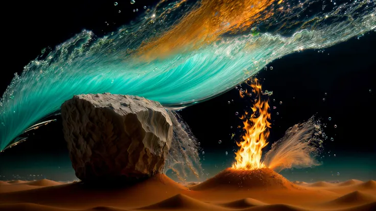 earth, air, fire, water. earth layers of colored sand encased in glass, air feathers, caught mid-float within clear glass. The fire dynamic, swirling mix of reds, oranges, and yellows, water tranquillity of the ocean with shades of blue and green, as well as bubbles and wave-like distortions
,<lora:add_detail:1>