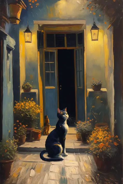 masterpiece,best quality,cat in outdoor,oil painting,<lora:tbh123-:0.8>,style of Vincent van Gogh,