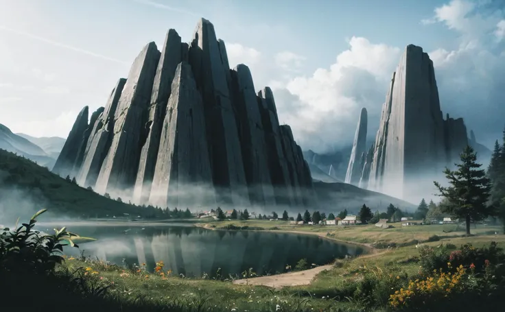 (masterpiece), best quality, illustration, high res, landscape, outdoors, gigantic, no humans, <lora:FilmG2:0.7>, film grain, fantasy, (ruins:0.5), fog, crystal