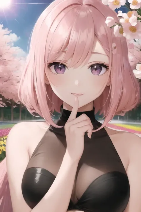 best quality, masterpiece, Pink hair, pink eyes, flower field, sun shining