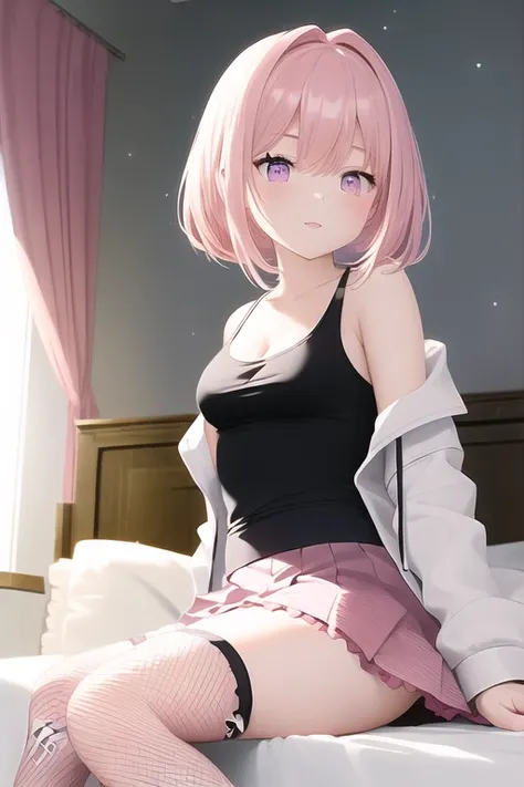 best quality, masterpiece, Pink hair, pink eyes, sitting on bed, at night, dim lighting, character is female wearing a open jacket and tank top with a frilly black pleated skirt that has purple trim, fishnet legwear, combat boots, character is turned to the side,