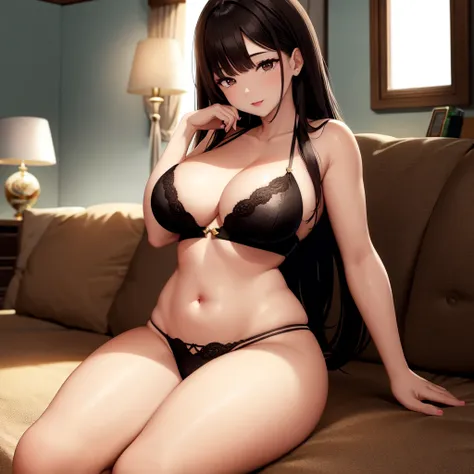 best quality, hightly detailed background, masterpiece, young girl, thick body, large breasts, dark hair, dark eyes, bedroom, sun shining, sun flare, by volumetrics