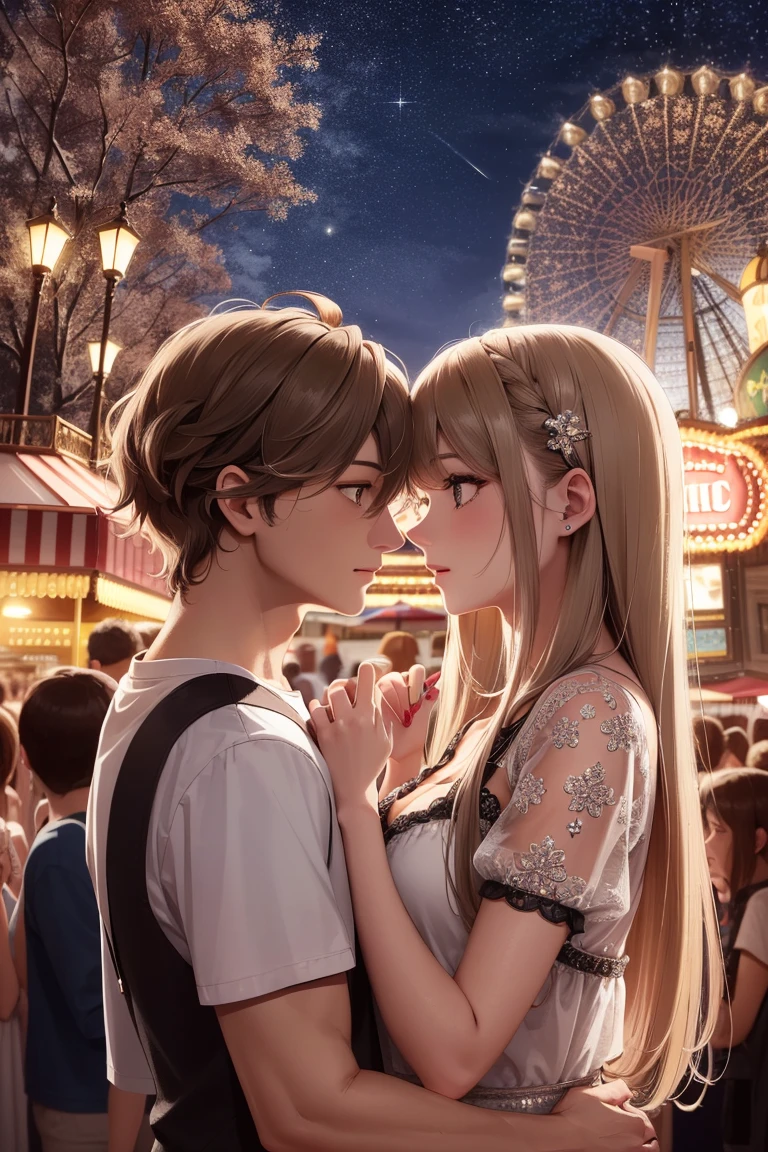 realistic, masterpiece, highres, (glow particles:1.3), moonlight, lens flare,( cinematic light),illustration,Amusement Park, (crowd:1.4),Fireworks,[:(detailed face:1.2):0.2] , detailed, detailed clothing, detailed background ,1 female, 1 male,dynamic pose,30 yo,(disheveled hair:1.2),<lora:eyeLora_v10:0.3>, lustrous skin,wearing white t-shirt, (ear piercing:0.5), (necklace:0.5),  (looking at each other), romantic couple,