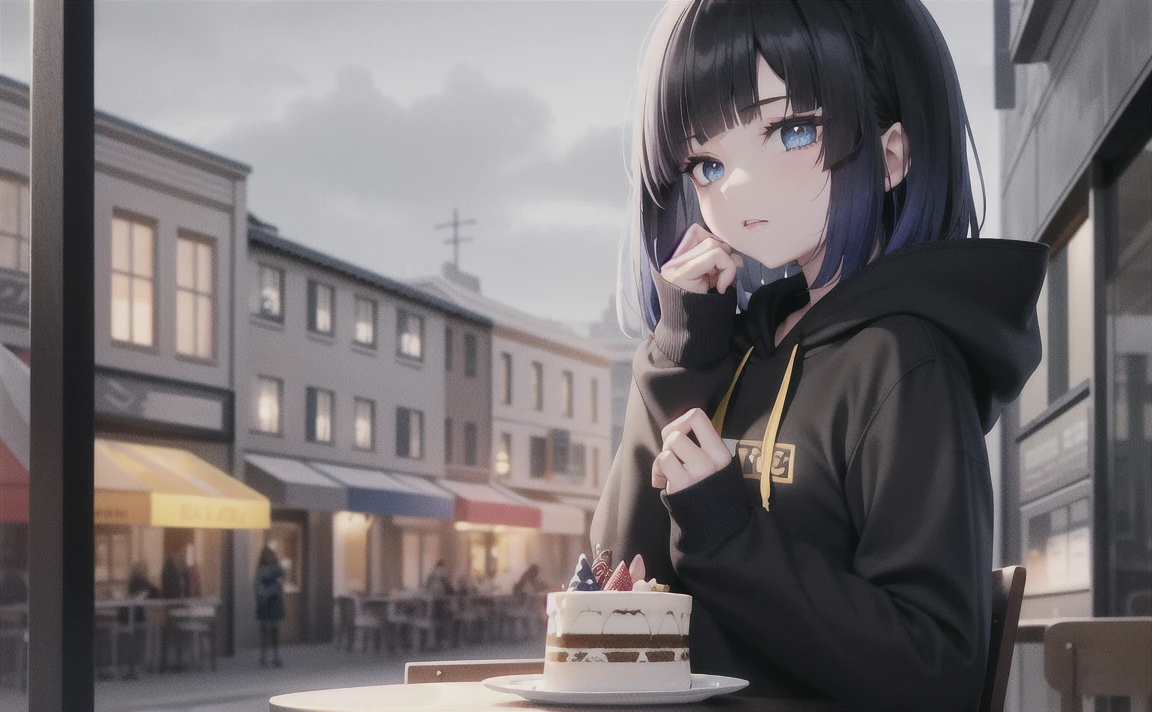 1girl, ((best quality)),best quality, masterpiece, dark hair, blue eyes,night, cafe, cake slice, cloudy sky, winter weather, storm, upper body, black and yellow hoodie, <lora:yelanLoraCollectionOf_yelanHard:1>
