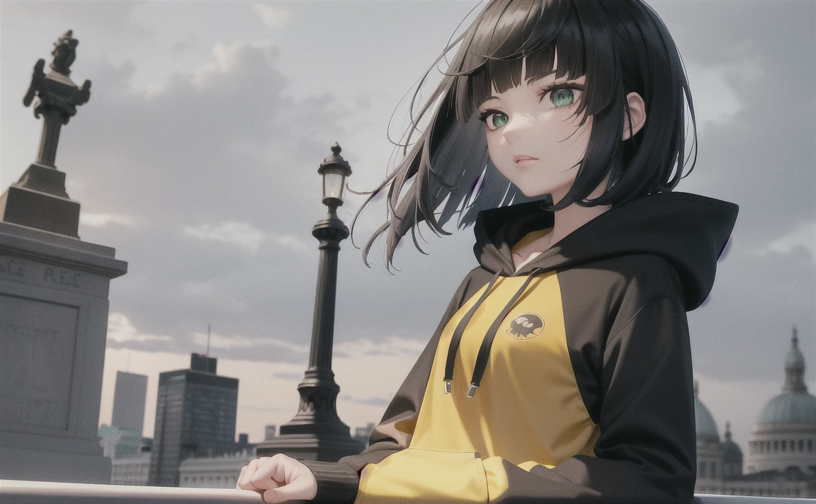 1girl, ((best quality)),best quality, masterpiece, dark hair, green eyes, Trafalgar square , cloudy sky, autumn weather, storm, upper body, black and yellow hoodie, <lora:yelanLoraCollectionOf_yelanHard:1>