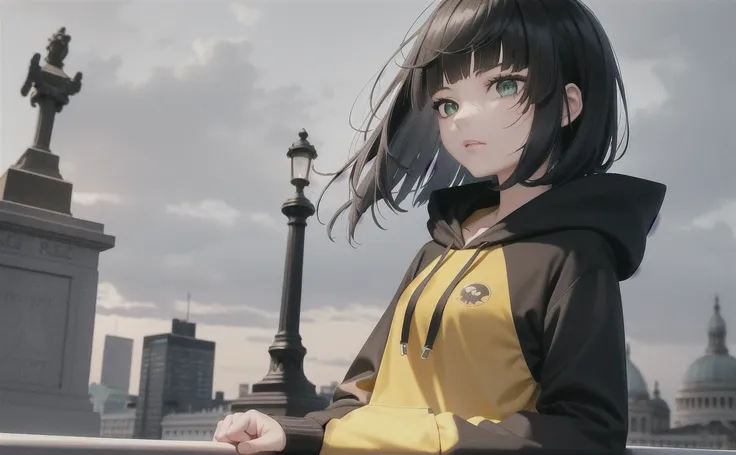 1girl, ((best quality)),best quality, masterpiece, dark hair, green eyes, Trafalgar square , cloudy sky, autumn weather, storm,  upper body, black and yellow hoodie,    <lora:yelanLoraCollectionOf_yelanHard:1>