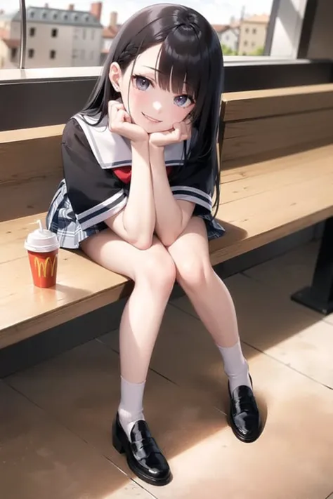 ((((ultra illustrated style:1.0)))), best quality, 1girl,((solo):1.2),best animated,(like a pencil_drawing style:1.4),(black outline style:1.1),(ultra detailed glossing hair:1.6), (ultra detailed hair:1.4),(Illustrated city background:1.2),1girl,high detail illustrated paint body and eyes like Manga,busty,Dark hair, dark eyes,at Mcdonalds,beautiful city, Japan,summer time, shiny fatty skin,reddish Kneecap:1.2,soft and fat white_skin but yet reddish kneecap:1.4,half close eyes,happy smile,cosmetics natural cheek and lip, (middle curled hair ),tilt head ,Neat and clean high school uniform,Plaid pleats skirt,beautiful shiny barefoot, cover style very most short folding-socks,((cute color cloth summer season)),shiny hi detail black_loafers,show face to toe,from above,
table,shyness,sit chair,drink a coffee in the mcdonalds,side window,manga perspective shot:1.1,blurry landscape:1.8