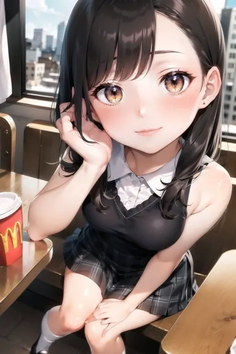 ((((ultra illustrated style:1.0)))), best quality, 1girl,((solo):1.2),best animated,(like a pencil_drawing style:1.4),(black outline style:1.1),(ultra detailed glossing hair:1.6), (ultra detailed hair:1.4),(Illustrated city background:1.2),1girl,high detail illustrated paint body and eyes like Manga,busty,Dark hair, dark eyes,at Mcdonalds,beautiful city, Japan,summer time, shiny fatty skin,reddish Kneecap:1.2,soft and fat white_skin but yet reddish kneecap:1.8,half close eyes,happy smile,cosmetics natural cheek and lip, (middle curled hair ),tilt head ,Neat and clean high school uniform,Plaid pleats skirt,beautiful shiny barefoot, cover style very most short folding-socks,((cute color cloth summer season)),shiny hi detail black_loafers,show face to toe,from above,
table,shyness,sit chair,drink a coffee in the mcdonalds,side window,(((close up face)))