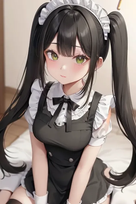 best quality, masterpiece,maid, cute, twin tail, black hair, green eyes, <lora:HinaIAmYoung22_zny10:0.2> <lora:SenSenchan25Twitter_v10:0.4> <lora:cutedoll_v71:0.1>
