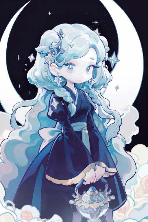 1 girl,chibi, <lora:wedjigamja:1>,in the night, stars, moon, masterpiece, best quality, sharp focus,