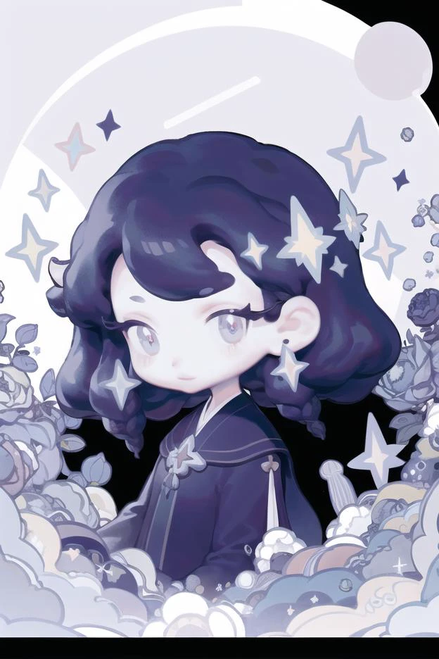 1 girl,chibi, <lora:wedjigamja:1>,in the night, stars, moon, masterpiece, best quality, sharp focus,