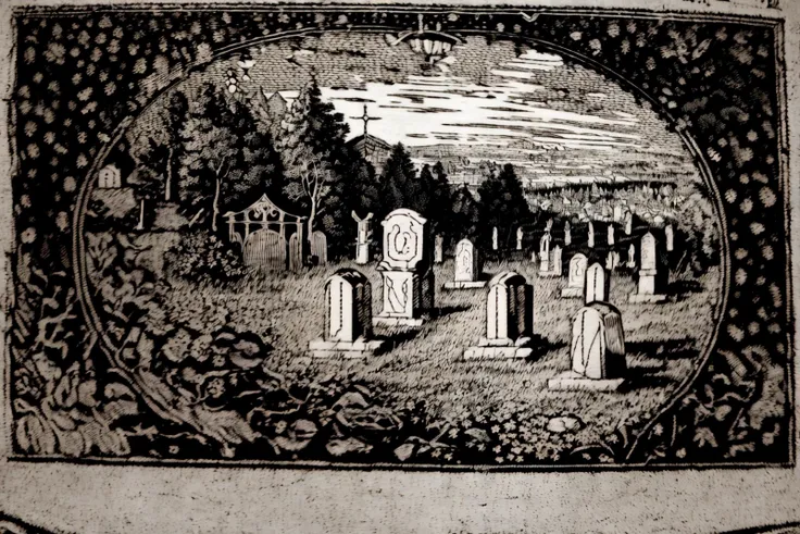 (((woodcut, monochrome))), masterpiece, ultra-detailed, best quality, illustration, 8k cg wallpaper, an extremely delicate and beautiful, stunning landscape, graveyard, gravestones, dirt path, lanterns, candles, intricately detailed items in background, <lora:WEE:1>