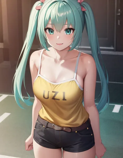 (extremely detailed CG unity 8k wallpaper),(masterpiece), (best quality), (ultra-detailed), (best illustration),(best shadow), standing, cowboy shot, up close,
BREAK
1girl, (uzicasual:1.3), yellow camisole with text that say "Uzi", hair bows, smiling, looking at viewer, aqua eyes
<lora:Uzi:.8>