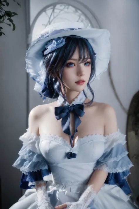 ((best quality)),absurdres,(ultra high res),(photorealistic:1.6), octane render,(hyperrealistic:1.2), (photorealistic face:1.2), pretty woman, white and blue dress, strapless, white hat, headwear, strapless dress, gloves, multicolored hair, blue neckwear, black footwear, perfect female body, (realistic:1.7), (8k), (Masterpiece), (realistic skin texture), (soft lighting),(beautiful eyes:1), <lora:coser:0.88>