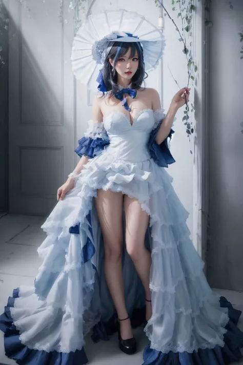 ((best quality)),absurdres,(ultra high res),(photorealistic:1.6), octane render,(hyperrealistic:1.2), (photorealistic face:1.2), pretty woman, white and blue dress, strapless, white hat, strapless dress, multicolored hair, blue neckwear, black footwear, full body shot, naughty face, perfect female body, (realistic:1.7), (8k), (Masterpiece), (realistic skin texture), (soft lighting),(beautiful eyes:1), <lora:coser:0.88>