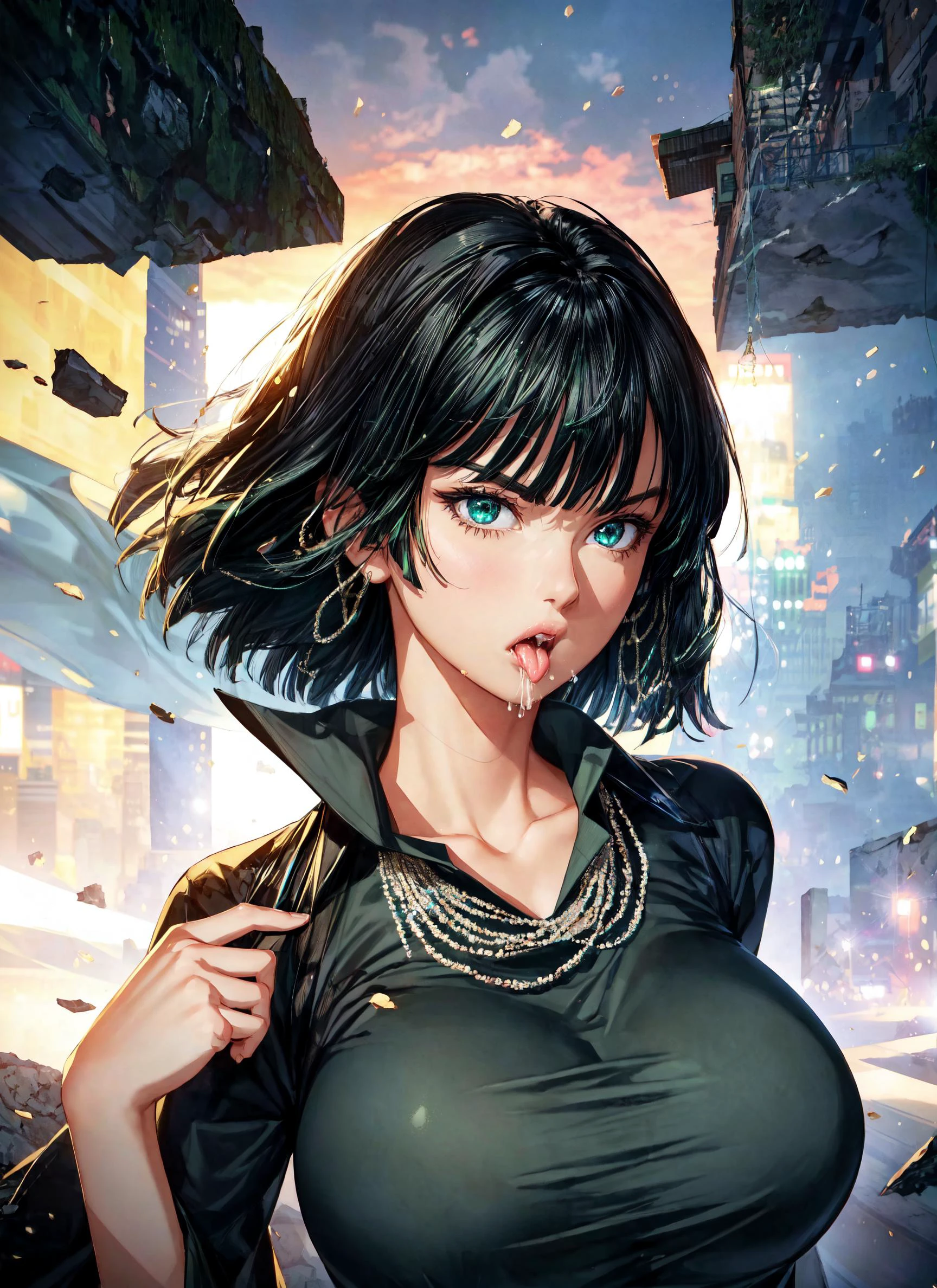 (portrait),1girl,fubuki\(one punch man\),black hair,short hair,green eyes,taut clothes,big breasts,green dress,necklace,serious expression,arrogant look,arrogant expression,city ruins,open mouth,mouth totally open,(saliva:1.4),uvula,inner mouth,(tongue out:1.3),saliva drip,looking at viewer,facing viewer,closeup,masterpiece,extremely detailed CG unity 8k wallpaper, best quality,32k,focus sharp, <lora:fubuki-v2:1>, <lora:add_detail:1>, <lora:Light and Shadow:1>