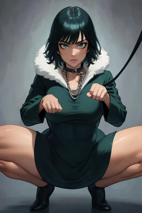 beautiful, (masterpiece), best quality, (extremely detailed face), extremely detailed eyes,  perfect lighting, OverallDetail, detailed, deep skin,textured skin,
, fubuki\(one punch man\),black hair, green eyes,  short hair,<lora:fubuki-v2:0.8>,taut dress, fur coat,,
, <lora:pet_play_v1:0.8>,collar,leash,paw pose, spread legs, squatting,,
vibrant color scheme