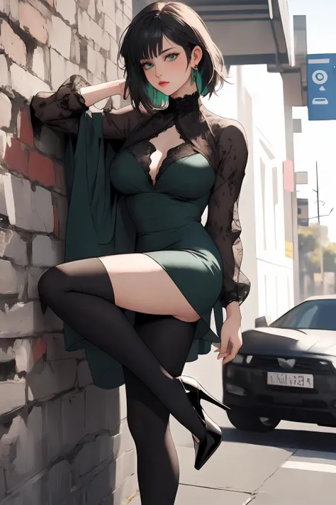 (masterpiece, realistic:1.3), (extremely intricate:1.2), (photorealistic:1.4), (extremely delicate), (ultra realistic:1.3), hyperrealistic photography, extremely detailed CG unity 8k wallpaper, UHD, HDR, RAW photo, dslr, hyperrealistic 3d render, (full body:1.1),
<lora:fubuki:0.8>, fubuki\(one punch man\), green eyes, (large breasts:1.1), dark green hair, short hair,
pinched dress, green dress, long sleeves, fur coat, (black lace trimmed thighhighs:1.2), (high heels:1.2), lipstick, eyeliner, makeup, 
(standing:1.1), (leaning on wall:1.1), (one flexed leg:1.1), blushing, {holding coffee|crossed arms|posing|waiting|looking at camera}, side view, solo, 1girl,