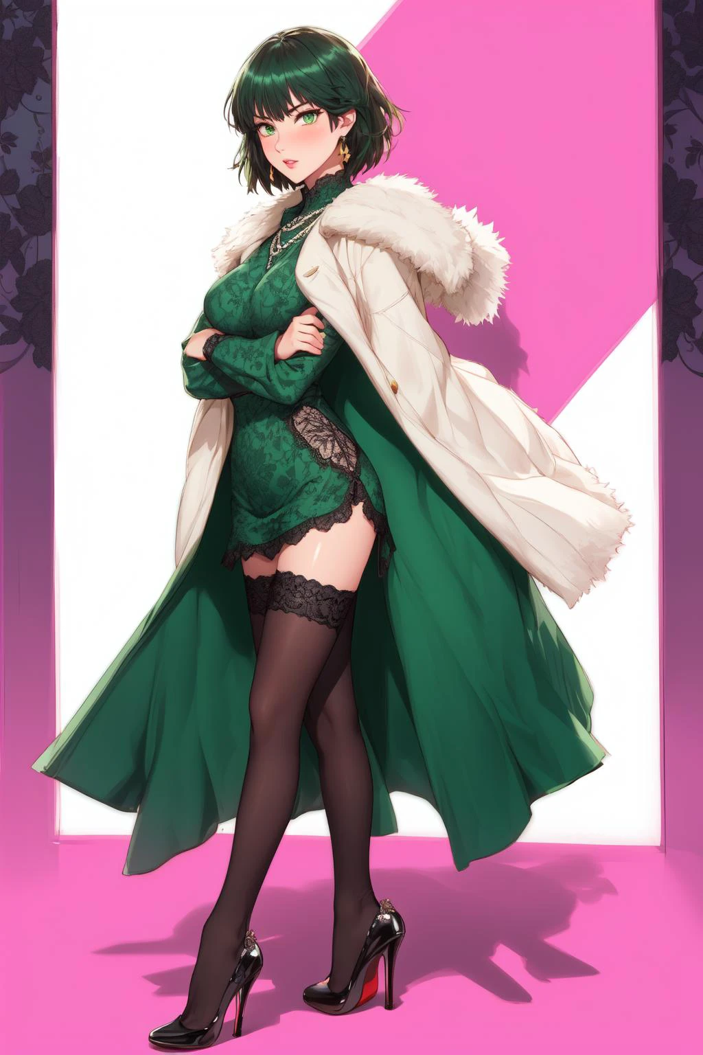 (Ultra detailed:1.3) (((best quality))), (((masterpiece))), (illustration of a fashionable woman in a vibrant outfit, a fashionable woman wearing bright clothing), pose in front of a brightly colored and vibrant background. The overall style is bold and eye-catching, emphasizing fashion and lifestyle, Fashion, lipstick, ray tracing, depth of field, glossy skin, counterpoint, female focus, model, perspective, fine fabric emphasis, budget haze, Perfect body proportions, full body,
<lora:fubuki:0.8>, fubuki\(one punch man\), green eyes, (large breasts:1.1), dark green hair, short hair,
coat, pinched dress, green dress, necklace, long sleeves, fur coat, (black lace trimmed thighhighs:1.2), (high heels:1.2),
(standing:1.1), (leaning on wall:1.1), (one flexed leg:1.1), blushing, {holding coffee|crossed arms|posing|waiting|looking at camera}, side view, solo, 1girl,