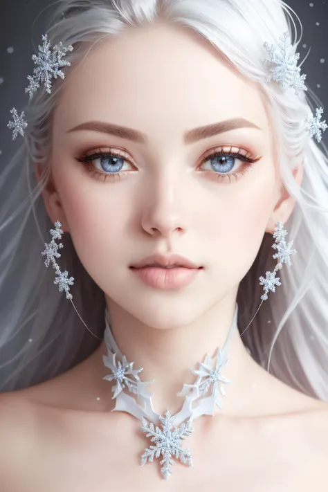 snowflake, <lora:Snowflakes-V1:1>, (sharp focus:1.2), portrait, ((posing)), (beautiful face:1.1), detailed eyes, luscious lips, ((skindentation)), (bright studio lighting:1.2), depth of field, bokeh, 4K, HD