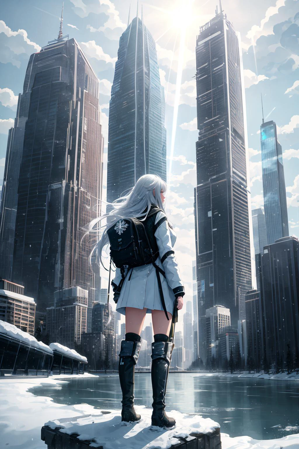 snowflake, <lora:Snowflakes-V1:1>, cityscape, city, cloud, scenery, skyscraper, building, cloudy sky, sky, long hair, from behind, outdoors, bird, ruins, 1girl, sunlight, tower, facing away, city lights, green hair, water, sunbeam, light rays, bridge, post-apocalypse, tree, backpack, very long hair, lens flare, knee boots, mountain, river, waterfall, white hair, solo, weapon, skyline, rainbow, neon trim