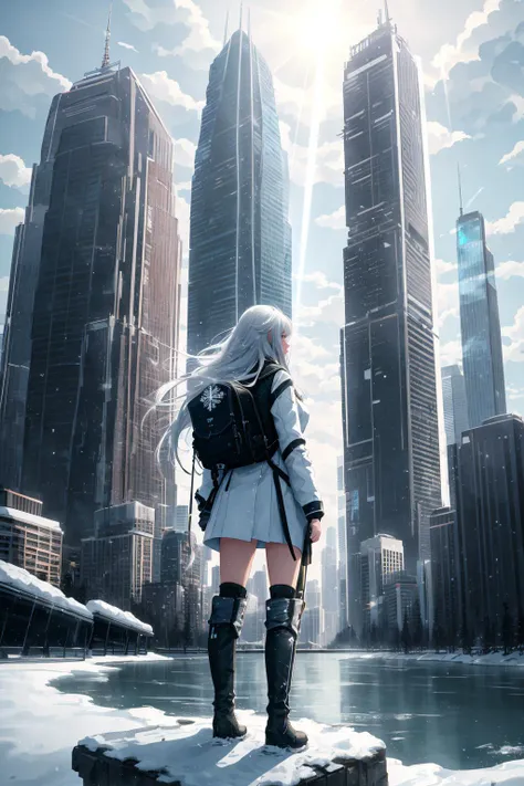 snowflake, <lora:Snowflakes-V1:1>, cityscape, city, cloud, scenery, skyscraper, building, cloudy sky, sky, long hair, from behind, outdoors, bird, ruins, 1girl, sunlight, tower, facing away, city lights, green hair, water, sunbeam, light rays, bridge, post-apocalypse, tree, backpack, very long hair, lens flare, knee boots, mountain, river, waterfall, white hair, solo, weapon, skyline, rainbow, neon trim