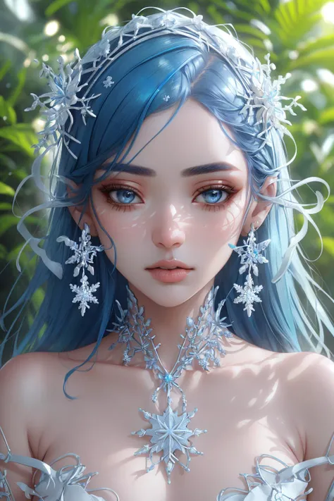 snowflake, <lora:Snowflakes-V1:1>, fashion photography portrait of indian woman with blue hair, in lush jungle with flowers, 3d render, cgi, symetrical, octane render, 35mm, bokeh, 9:16, (intricate details:1.12), hdr, (intricate details, hyperdetailed:1.15), (natural skin texture, hyperrealism, soft light, sharp:1.2), detailed, sunlight passing through foliage