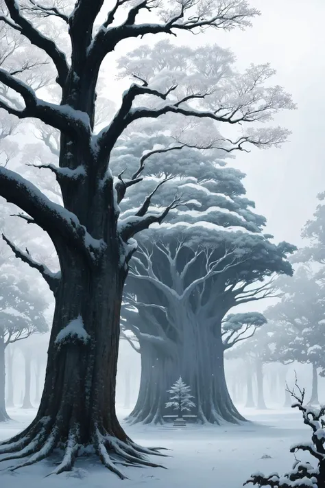 snowflake, <lora:Snowflakes-V1:1>, ancient giant tree in the deep jungle, birds in the branches, fog at dawn, beautiful scenery
