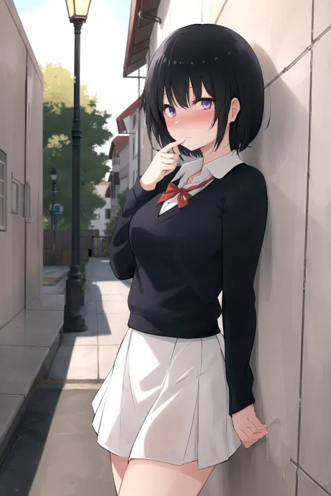 <lora:KemuriHaku:0.6>,1girl, short hair, black hair, purple eyes, school uniform, blush, street, lamppost, house, houses,  into the wall, dark,