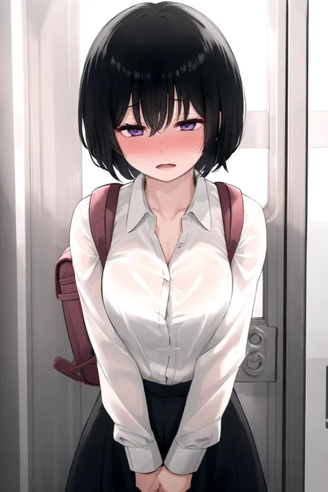 <lora:KemuriHaku:0.6>,1girl, solo, looking_at_viewer, blush, short_hair, open_mouth, bangs, shirt, black_hair, hair_between_eyes, purple_eyes, white_shirt, sweat, parted_lips, collared_shirt, bag, sweatdrop, blurry, dress_shirt, blurry_background, nose_blush, looking_down, half-closed_eyes, bob_cut, backpack, portrait, close-up, raised_eyebrows,