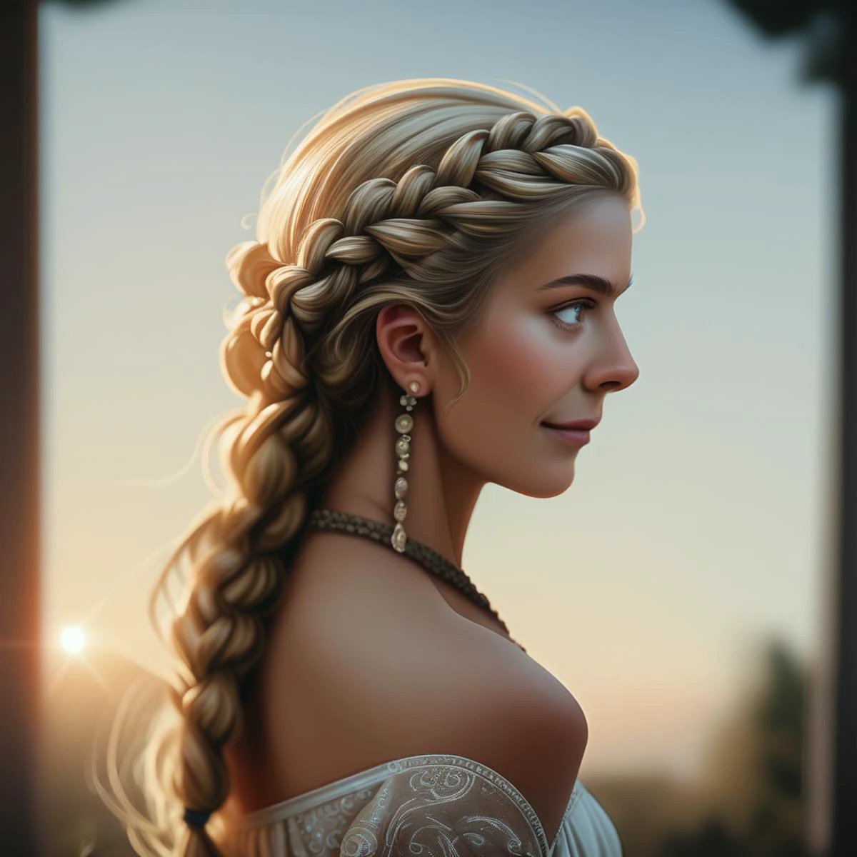 syblz style, 1girl, solo, long hair, jewelry, earrings, braid, blonde hair, dress, necklace, upper body, profile, depth of field, from side, white dress, realistic, bare shoulders, half updo, blue eyes, grey eyes, blonde hair, hazel blue eyes, mini smile, sky, day, high budget, cinemascope, epic, OverallDetail, gorgeous, soft lighting, studio photography, natural lighting, photorealistic, candid camera, color graded cinematic, eye catchlights, atmospheric lighting, textured skin, specular highlights, skin pores, imperfections, natural, shallow dof, score_9, score_8_up, score_7_up, score_6_up, score_5_up, score_4_up