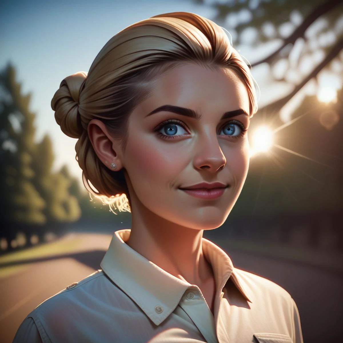 syblz style, 1girl, solo, blue eyes, shirt, earrings, jewelry, blonde hair, tree, looking at viewer, blurry background, blurry, realistic, outdoors, upper body, white shirt, buttons, day, hair bun, single hair bun, sunlight, collared shirt, pocket, lips, depth of field, stud earrings, lens flare, breast pocket, blonde hair, hazel blue eyes,mini smile, sky, day, high budget, cinemascope, epic, OverallDetail, gorgeous, soft lighting, studio photography, natural lighting, photorealistic, candid camera, color graded cinematic, eye catchlights, atmospheric lighting, textured skin, specular highlights, skin pores, imperfections, natural, shallow dof, score_9, score_8_up, score_7_up, score_6_up, score_5_up, score_4_up