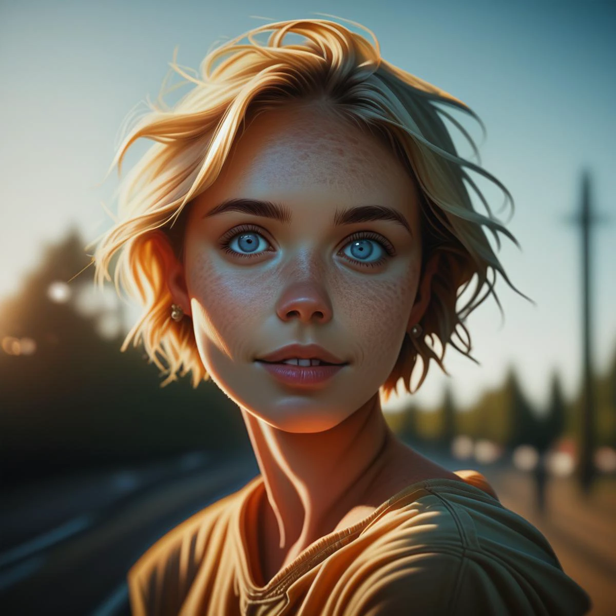 syblz style, 1girl, solo, short hair, blonde hair, freckles, realistic, jewelry, earrings, blurry background, parted lips, looking at viewer, outdoors, lips, upper body, day, depth of field, nose, blonde hair, hazel blue eyes,mini smile, sky, day, high budget, cinemascope, epic, OverallDetail, gorgeous, soft lighting, studio photography, natural lighting, photorealistic, candid camera, color graded cinematic, eye catchlights, atmospheric lighting, textured skin, specular highlights, skin pores, imperfections, natural, shallow dof, score_9, score_8_up, score_7_up, score_6_up, score_5_up, score_4_up