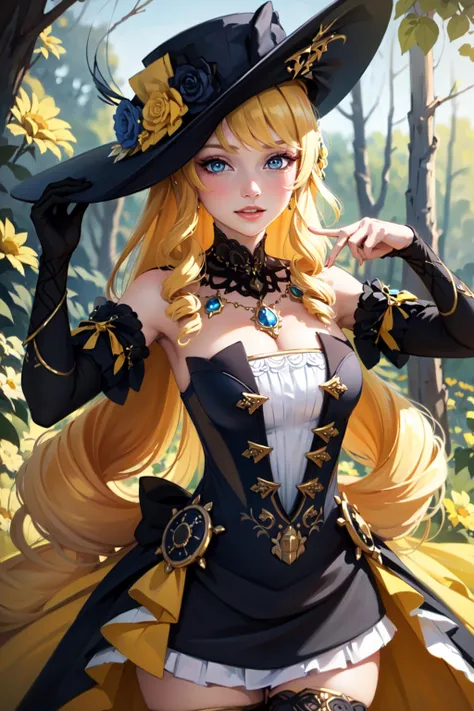 1girl, evil grin, eye patch, in an vibrant colored enchanted wonderland, magical, whimsical, fantasy art concept, steampunk, intricate details, best quality, masterpiece, ultra sharp, yellow theme background