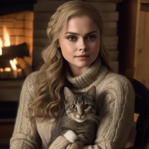 rosemciver,<lora:RoseMcIverXL:1>,Photo of a woman wearing a turtleneck sweater with lace trim in a cabin, sitting on a chair with a ugly cat on her legs and (a mouse on her shoulder),next to a fireplace, very long hair, happy, smiling, looking to the viewer,, ((sharp face, detailed face, realistic face, naturtal skin, realistic skin, detailed skin, pores, detailed eyes,realistic eyes)),