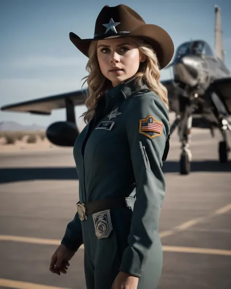 (masterpiece, best quality, highres:1.2), (raw photo, 4k, uhd, photorealistic:1.2), (Realistic skin texture:1.4), beautiful woman Sydney Moon as a fighter pilot, american air force pilot coveralls, big smile <lora:Sydney Moon_epoch_10:0.9>